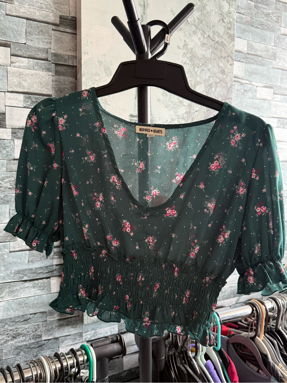 Inspired Hearts Dark Green Floral Smocked Crop Top